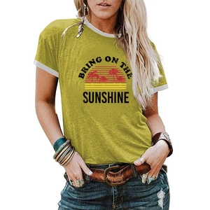 Detail of vintage beach sunshine print on mustard green ringer tee with white trim