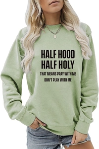 Détail du sweat-shirt vert clair ample avec imprimé noir Half Hood Half Holy