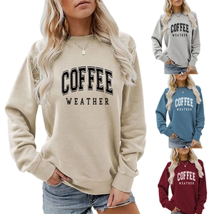 Detail view of Coffee Weather sweatshirts in apricot, grey, blue and burgundy colors