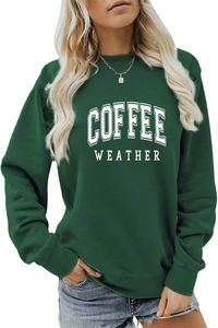 Detail of dark green sweatshirt featuring white COFFEE WEATHER vintage print and ribbed cuffs