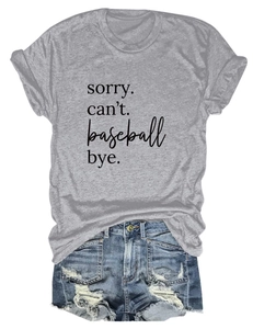 Close-up of sorry can't baseball print on grey cotton t-shirt with ripped denim shorts