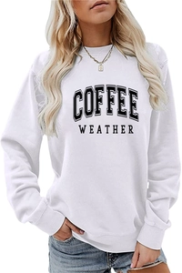 Detail of COFFEE WEATHER bold collegiate lettering on white women's crewneck sweatshirt