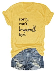 Detail of yellow cotton tee with Sorry Can't Baseball print and cuffed sleeves