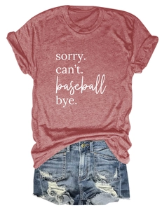 Close-up of sorry can't baseball bye text on pink melange cotton short sleeve t-shirt