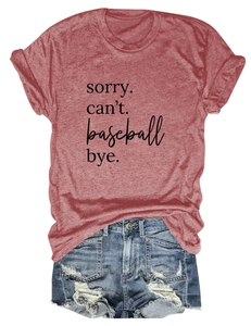 Detail of brick red cotton T-shirt with baseball text print and ripped denim shorts