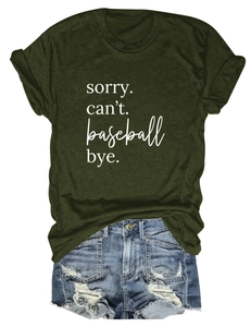 Detail of loose round neck t-shirt with 'SORRY CAN'T' print and distressed denim shorts