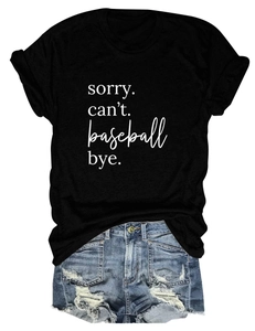 Detail of Sorry Can't Baseball print on black cotton t-shirt with rolled sleeves