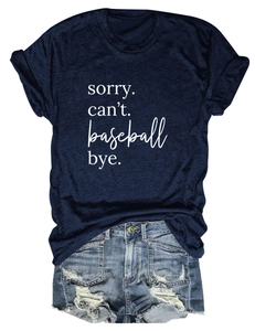 Detail of navy t-shirt with Sorry Can't Baseball print and distressed denim shorts