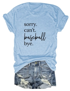 Detail of rolled sleeves and SORRY CAN'T print on light blue loose fit cotton t-shirt