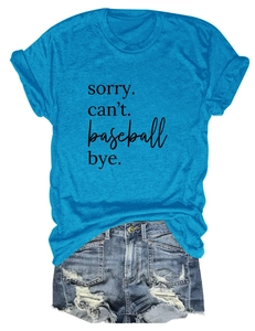 Detail of blue t-shirt with Sorry Can't Baseball print and distressed denim shorts