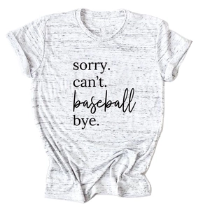 Detail of Sorry Can't Baseball print on gray crewneck t-shirt with fabric texture