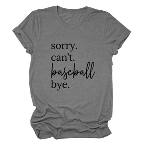 Detailed macro shot of the black Sorry Can't Baseball Bye print on a grey cotton t-shirt