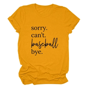 Detail of the Sorry Can't Baseball printing on ginger cotton blend t-shirt crew neck