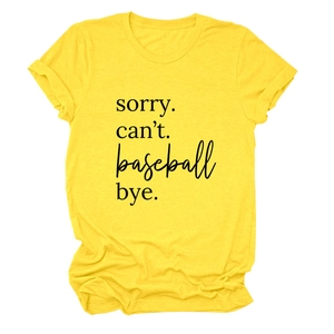 Detail of Sorry Can't Baseball Bye print on a yellow cotton casual short sleeve t-shirt