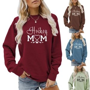 Detail view of Hockey MOM letter print and soft ribbed cuffs on long sleeve sweatshirt