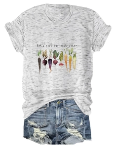 Detail of Let's Root For Each Other gray tee with watercolor vegetable graphic and denim shorts