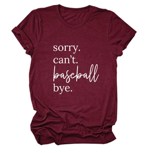 Detail of burgundy crew neck t-shirt with white sorry can't baseball bye text