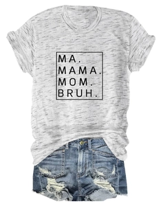 Detail of grey T-shirt with Mama Mom Bruh print and distressed denim shorts set