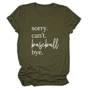 Detail of army green cotton t-shirt featuring sorry can't baseball bye white text print