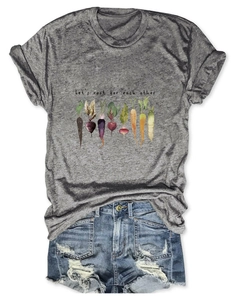 Flat lay of gray cotton t-shirt with Let's Root For Each Other text and vegetable graphics