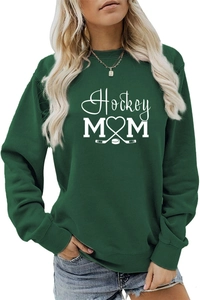 Detail of dark green sweatshirt featuring white Hockey MOM print with stick and puck graphic