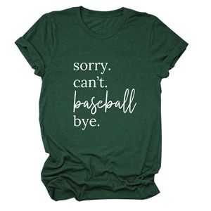 Detail of dark green t-shirt showing sorry can't baseball bye print and rolled cuffs