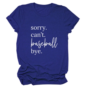 Detail of royal blue t-shirt with rolled sleeves and sorry can't baseball bye print