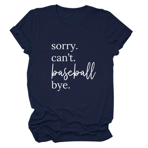 Detail of round neckline and rolled sleeves on navy cotton T-shirt with white lettering