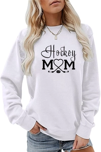 Detail of white Hockey Mom sweatshirt featuring a hockey stick heart print and ribbed neck