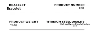 Detailed specs of watchband style bracelet in titanium steel, item E250, weight 8.5g