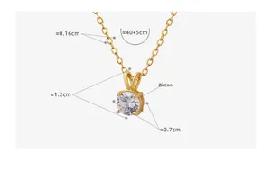 Detailed dimensions of gold titanium steel necklace with a round 0.7cm cubic zirconia
