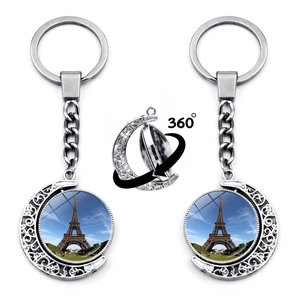 Eiffel Tower Rotating Moon Keychain Zinc Alloy Glass Cabochon Paris Souvenir Pendant For Bag Car Keys Retro Art Jewelry Gift