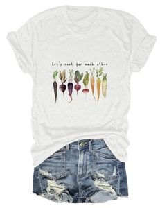 Detail of Let's Root For Each Other print on white cotton t-shirt with denim shorts