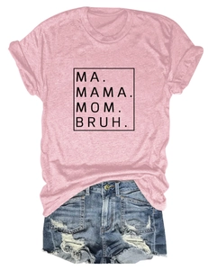 Detail of pink cotton T-shirt with Mama Mom Bruh text and ripped denim shorts set