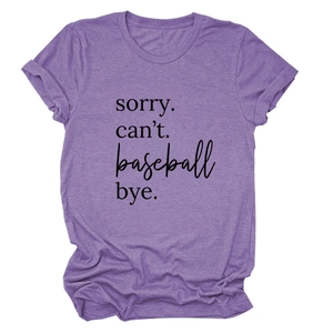 Detail of purple heather texture and 'sorry can't baseball bye' print on soft t-shirt