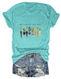 Detailed flat lay of turquoise t-shirt with Let's root for each other text and denim shorts