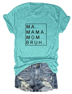 Detail of turquoise short sleeve T-shirt with Mama Mom Bruh print and denim shorts
