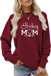 Detail of white Hockey Mom graphic print on a maroon long-sleeve casual sweatshirt