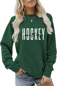 Detail of hockey wife letter print on a dark green crewneck long sleeve sweatshirt
