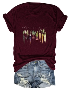 Detail of burgundy T-shirt with Let's root for each other text and vegetable prints