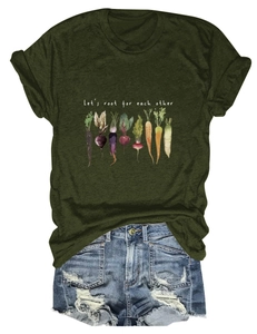 Close-up of Let's Root For Each Other t-shirt with watercolor root vegetable print