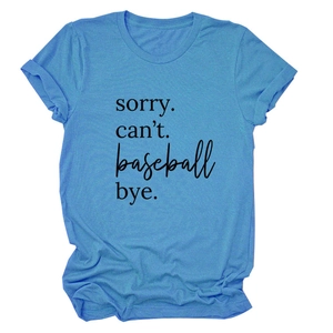 Detail of light blue cotton T-shirt featuring SORRY CAN'T BASEBALL BYE printed text