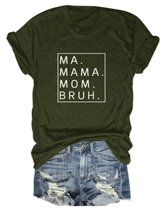 Detailed flat lay of dark green cotton T-shirt with Mama Mom Bruh text and denim shorts