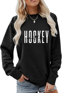 Close-up of HOCKEY wife letter print on a casual black crewneck sweatshirt for women