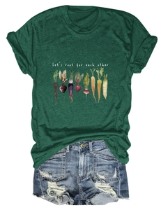 Flat lay of green cotton t-shirt with Let's root for each other slogan and denim shorts