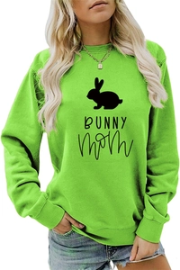 Detail of bunny silhouette and Bunny Mom text on neon green round neck sweatshirt