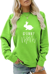 Close-up of bright green bunny mom sweatshirt featuring white rabbit print and soft fabric