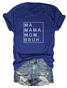 Detail of navy blue t-shirt with Mama Mom Bruh print and distressed denim shorts