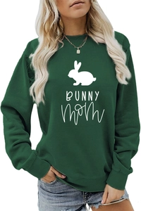 Detail of dark green bunny mom sweatshirt featuring ribbed crewneck and white printed logo