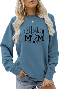 Detail of blue Hockey Mom sweatshirt featuring high-quality graphic print and soft fabric texture